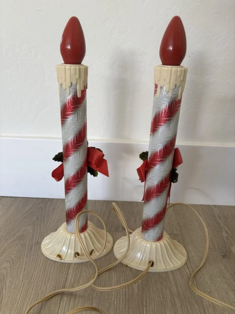 2 Vtg MCM 1950’s Candy Striped Electric CANDLE Xmas Light 12”